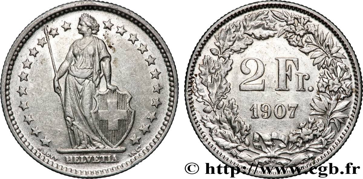 SWITZERLAND 2 Francs Helvetia 1907 Berne - B XF 