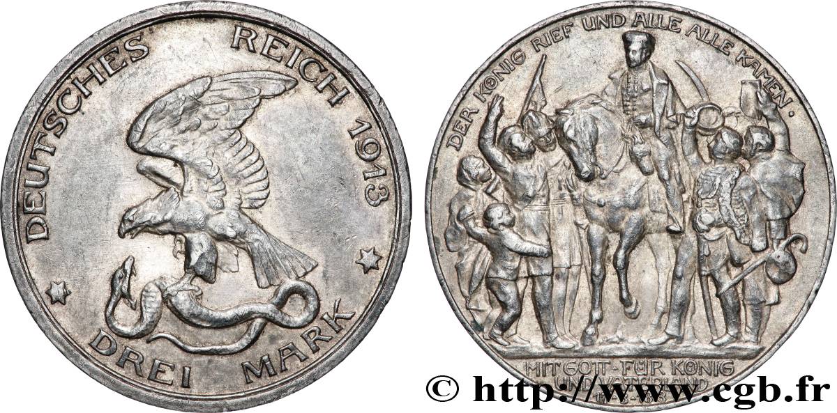 ALLEMAGNE - PRUSSE 3 Mark 100e anniversaire défaite de Napoléon 1913 Berlin TTB+ 