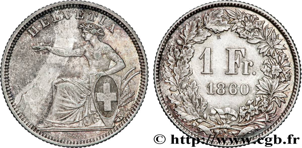 SUISSE 1 Franc Helvetia 1860 Berne TTB+ 