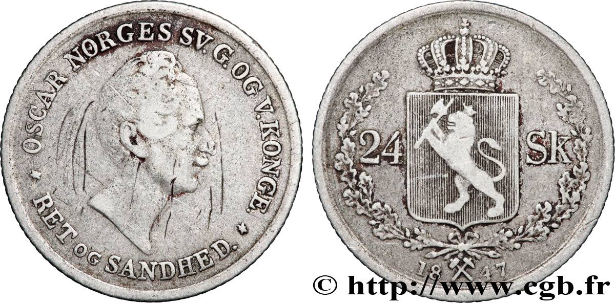NORVÈGE 24 Skilling Oscar Ier 1847  TB+ 