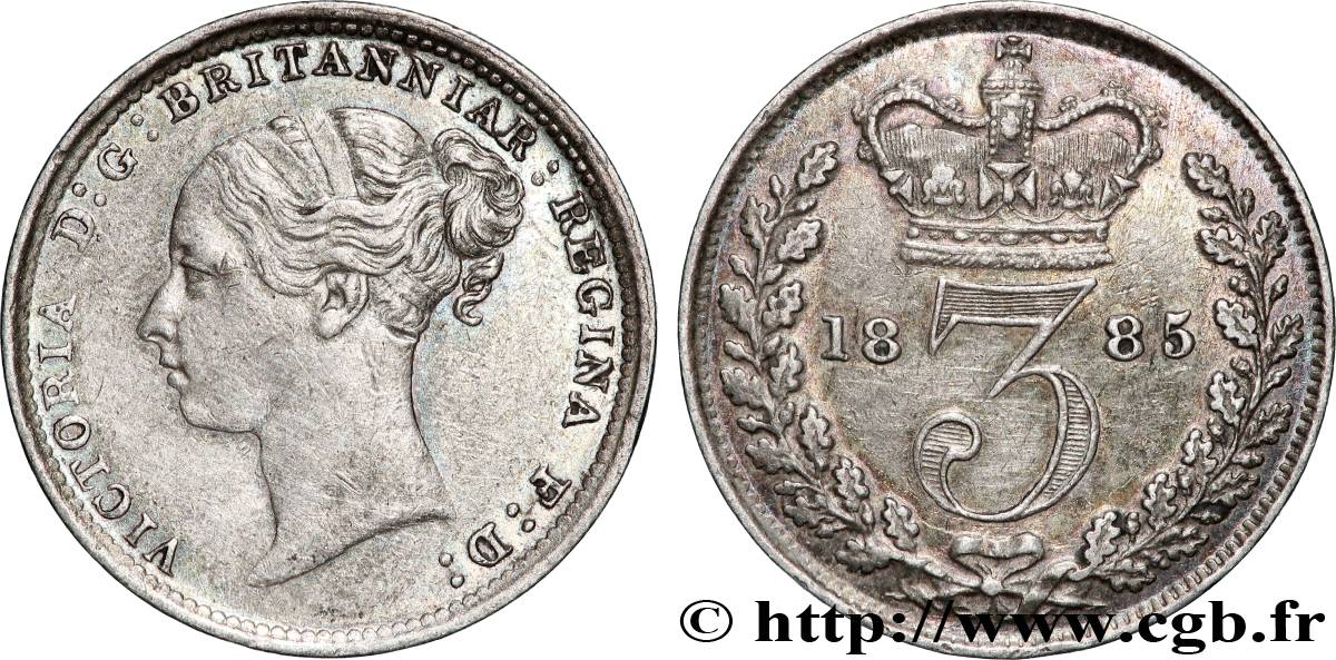 ROYAUME-UNI 3 Pence Victoria buste jeune 1885  TTB+ 