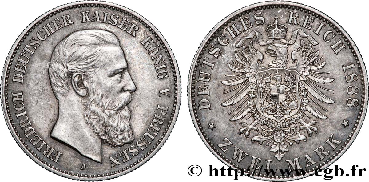 ALLEMAGNE - ROYAUME DE PRUSSE - FRÉDÉRIC III 2 Mark 1888 Berlin SUP 