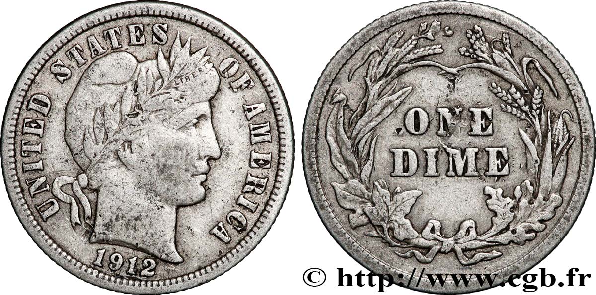 ÉTATS-UNIS D&nbsp;AMÉRIQUE 1 Dime Barber 1912 Philadelphie TTB 