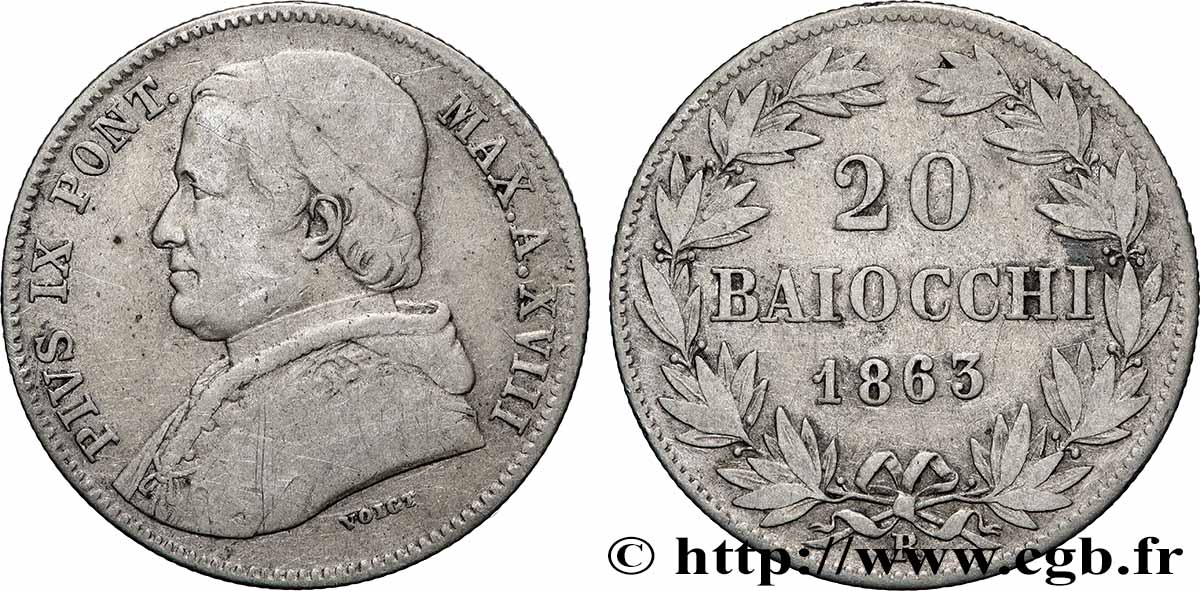 VATICAN ET ÉTATS PONTIFICAUX 20 Baiocchi Pie IX an XVIII 1863 Rome TB+ 