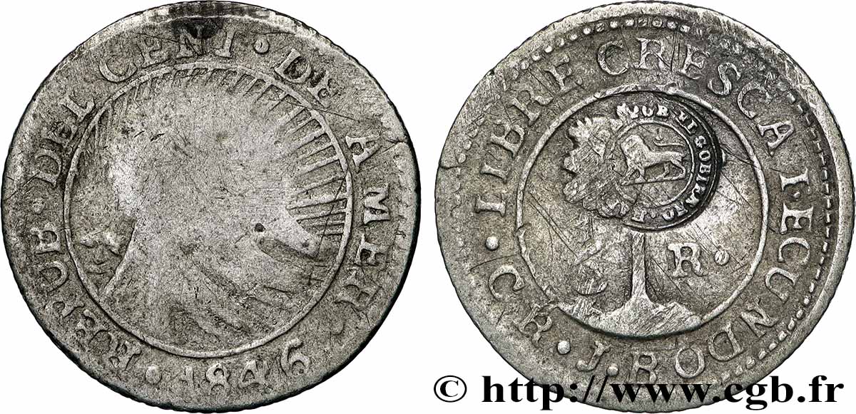 COSTA RICA - RÉPUBLIQUE DE L&nbsp;AMÉRIQUE CENTRALE 1 Real contremarqué 1846 San Jose TB+ 