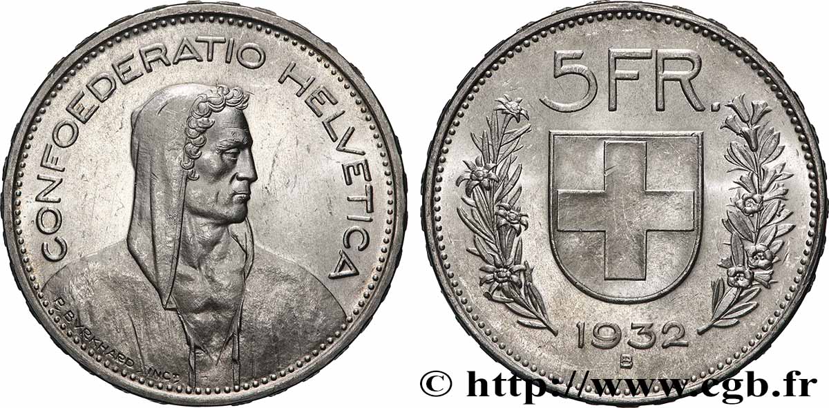 SWITZERLAND 5 Francs Berger des Alpes 1932 Berne AU 