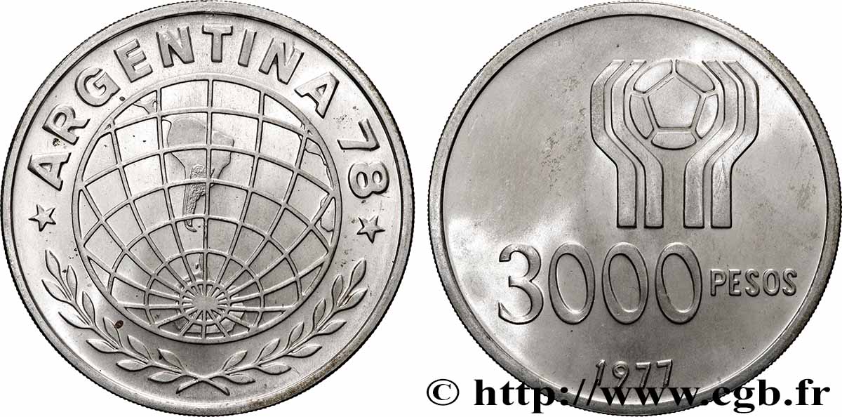 ARGENTINIEN 3000 Pesos Coupe du monde de football 1977  fST 