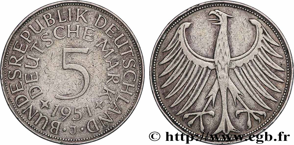 ALLEMAGNE 5 Mark aigle 1951 Hambourg TTB 