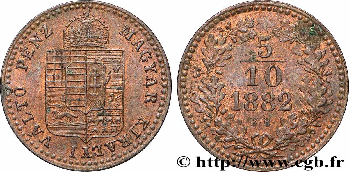 HONGRIE 5/10 Krajczar emblème couronné 1882 Kremnitz SUP 