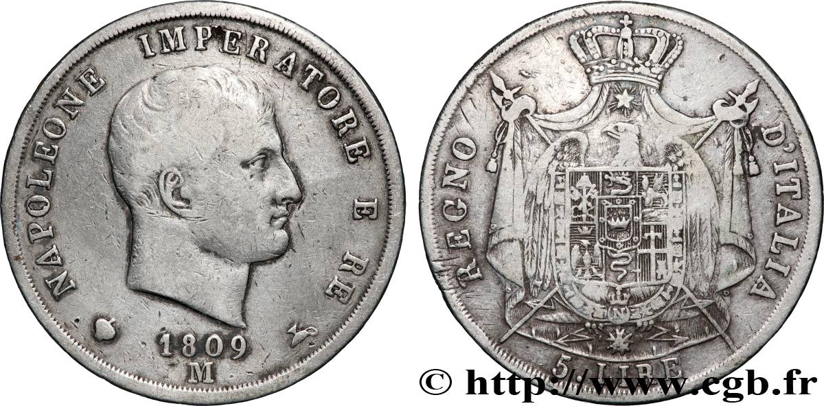 ITALIE - ROYAUME D&nbsp;ITALIE - NAPOLÉON Ier 5 Lire 1809 Milan TB+ 