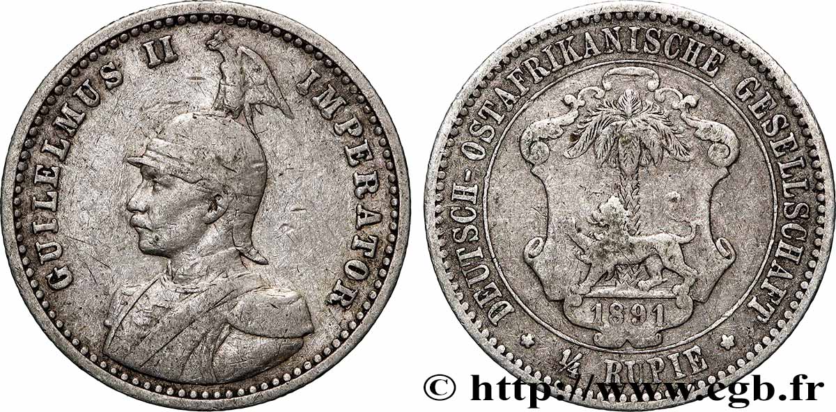 AFRIQUE ORIENTALE ALLEMANDE 1/4 Roupie Guillaume II  1891 Berlin TB+ 