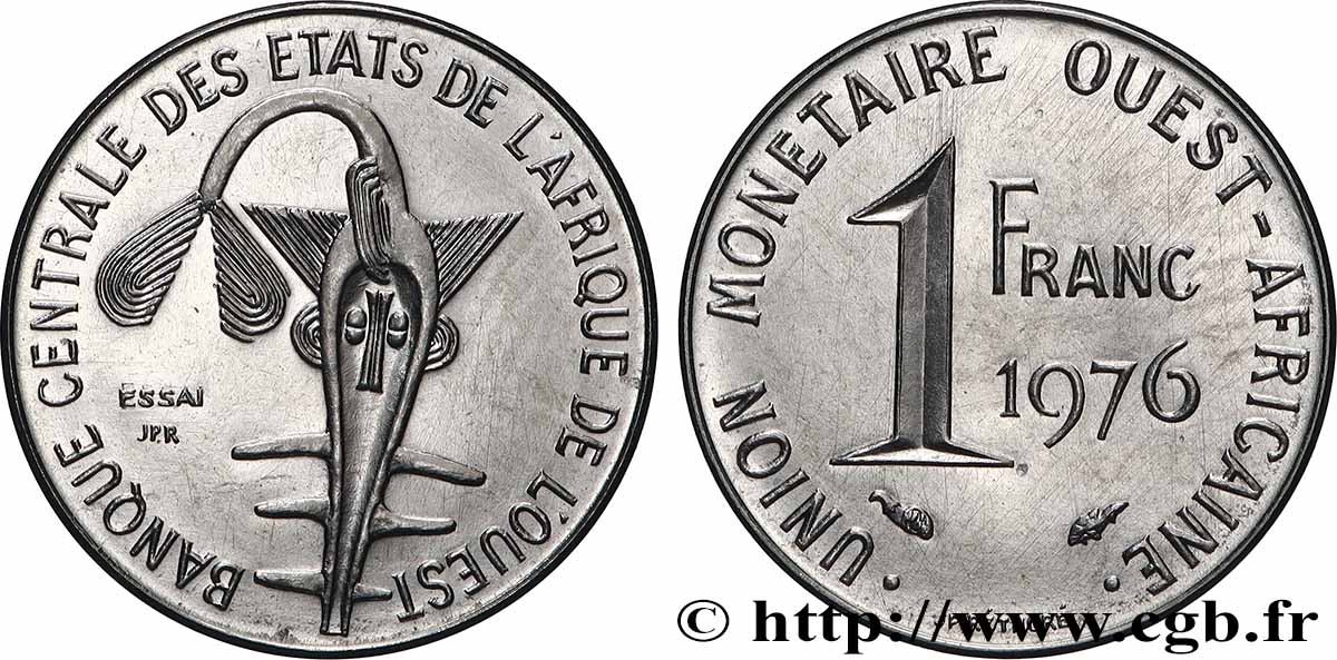 ÉTATS DE L&nbsp;AFRIQUE DE L&nbsp;OUEST (BCEAO) Essai de 1 Franc masque 1976 Paris SPL 