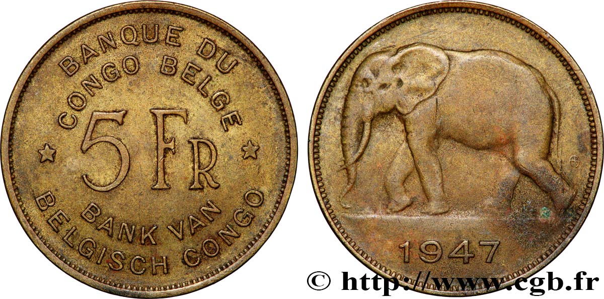 CONGO BELGE 5 Francs éléphant 1947  TTB 