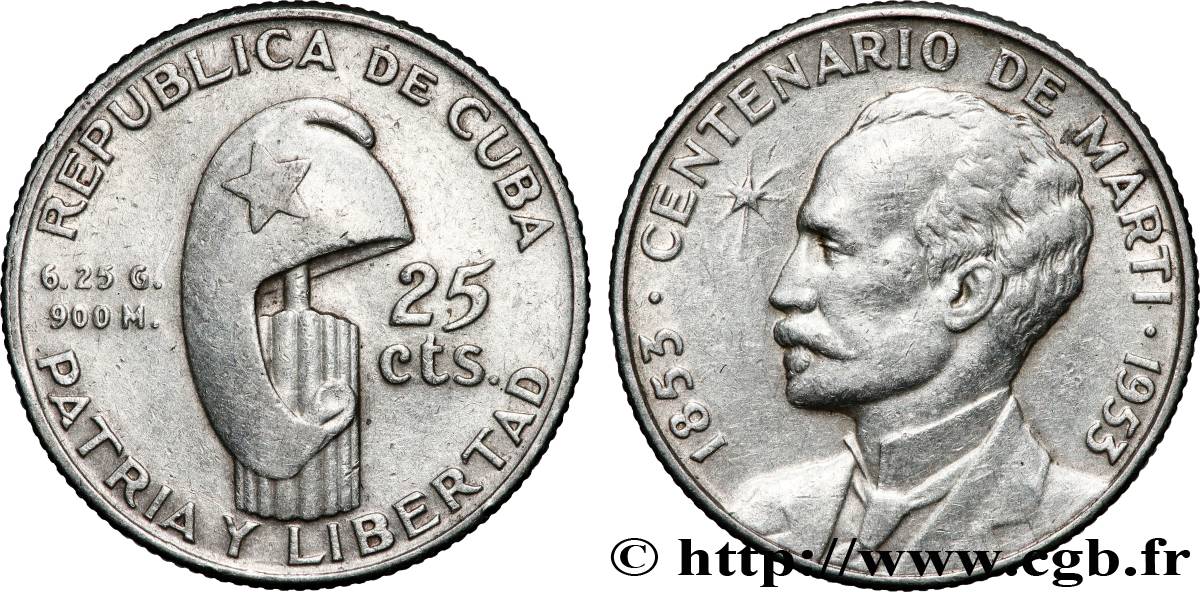 CUBA 25 Centavos centenaire naissance de José Marti 1953 La Havane TTB 
