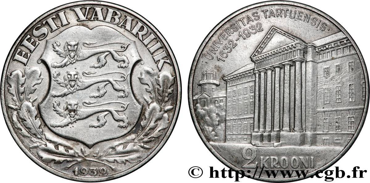 ESTONIE 2 Krooni tricentenaire Université de Tartu 1932  TTB 
