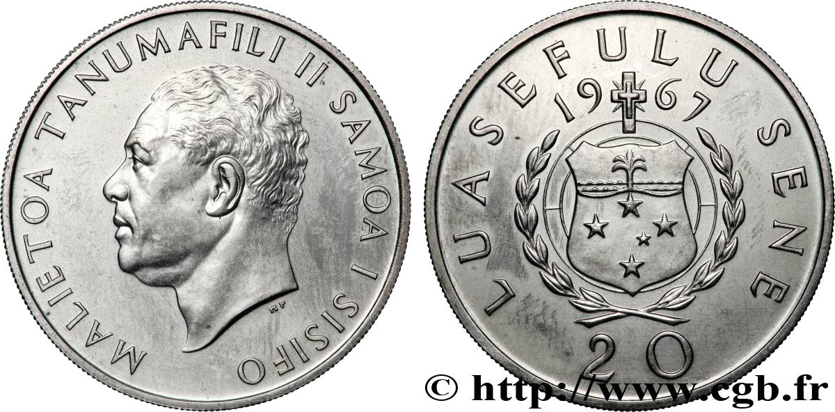 SAMOA Ouest 20 Sene roi Malietoa Tanumafili II 1967 Royal Mint SPL 