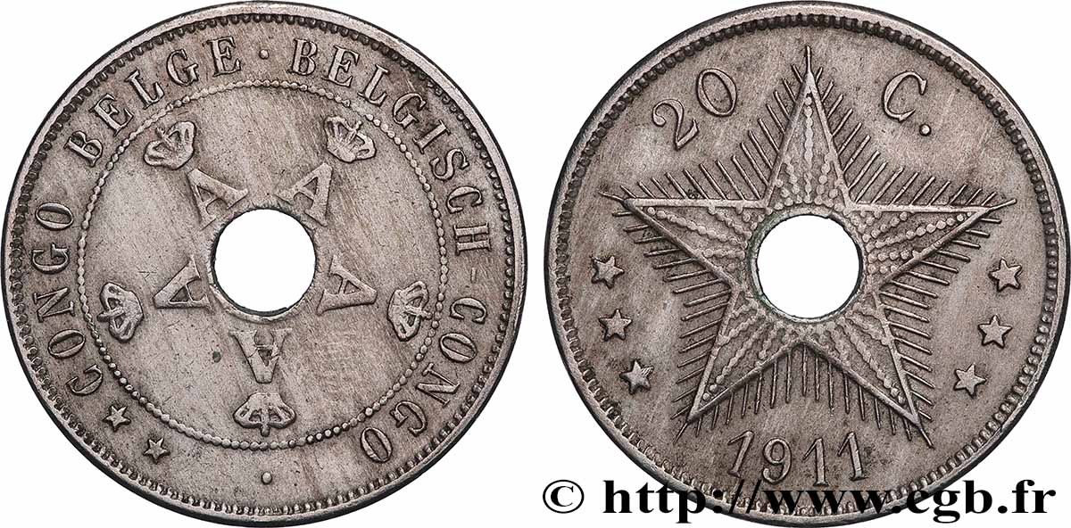CONGO BELGE 20 Centimes monogramme A (Albert) couronné 1911 Bruxelles TTB+ 