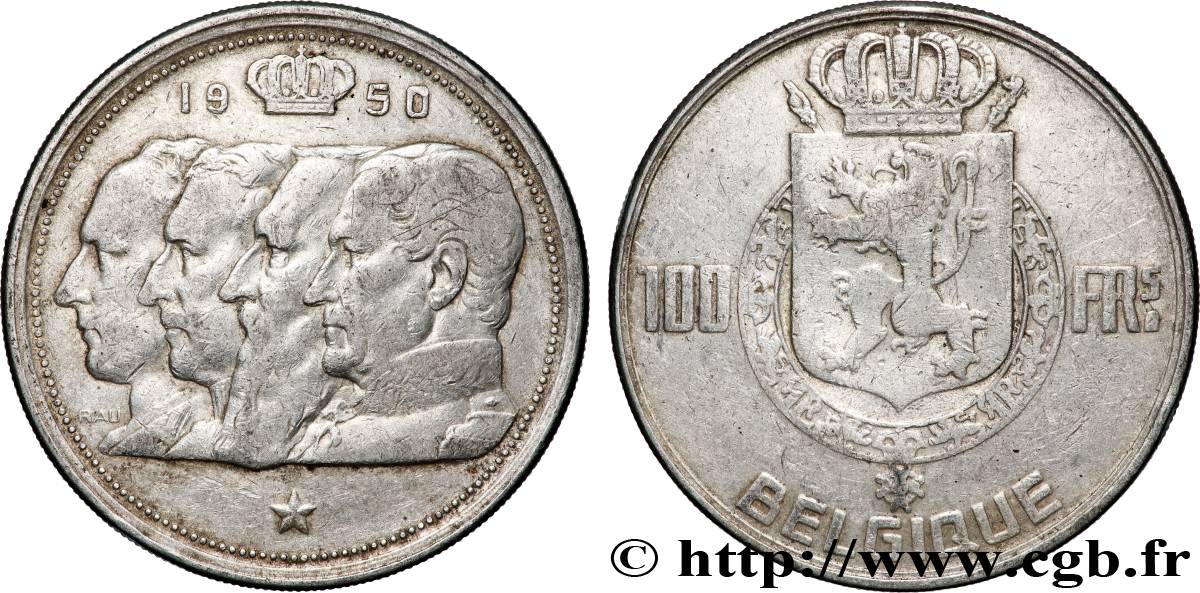 BELGIQUE 100 Francs portraits des quatre rois de Belgique, légende française 1950 Bruxelles TTB 