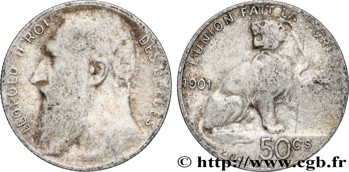 BELGIQUE 50 Centiemen (Centimes) Léopold II légende flamande 1901 Bruxelles TB 