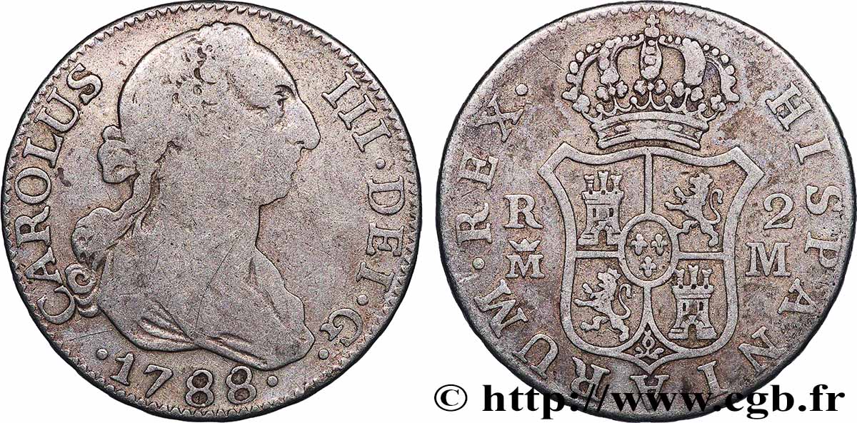 ESPAGNE - ROYAUME D&nbsp;ESPAGNE - CHARLES III 2 Reales  1788 Madrid TB 