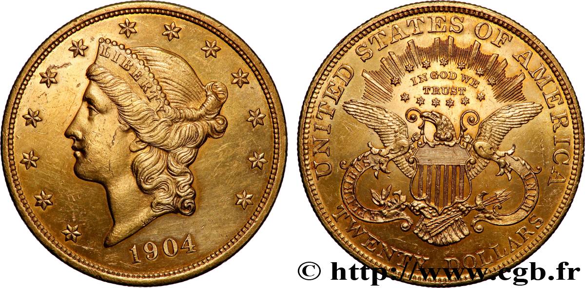 OR, PALLADIUM ET PLATINE INVESTISSEMENT 20 Dollars &nbsp;Liberty&nbsp; 1904 Philadelphie SUP 