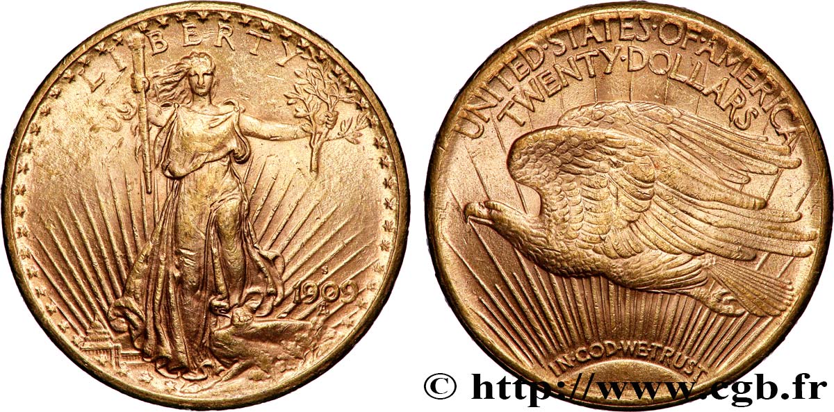 OR, PALLADIUM ET PLATINE INVESTISSEMENT 20 Dollars &nbsp;Saint-Gaudens” 1909 San Francisco TTB+ 