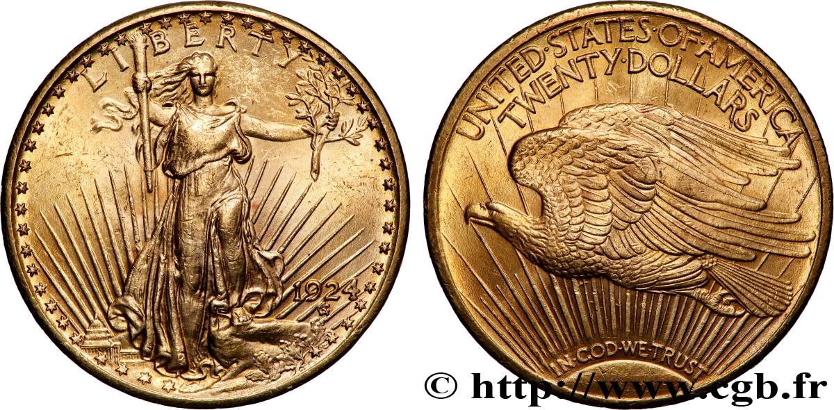 OR, PALLADIUM ET PLATINE INVESTISSEMENT 20 Dollars &nbsp;Saint-Gaudens” 1924 Philadelphie TTB+ 