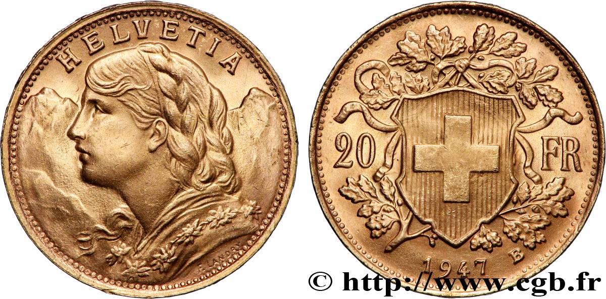 GOLD, PALLADIUM & PLATINUM INVESTMENT 20 Francs or &nbsp;Vreneli&nbsp; 1947 Berne AU 