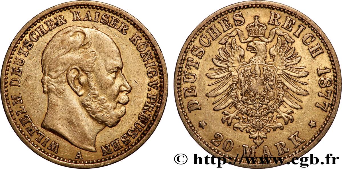 OR, PALLADIUM ET PLATINE INVESTISSEMENT 20 Mark Guillaume Ier, 2e type 1877 Hanovre - B TTB 
