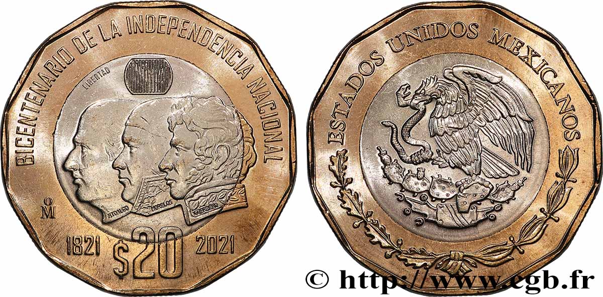 MESSICO 20 Pesos Bicentenaire de l’indépendance du Mexique 2021 Mexico MS 