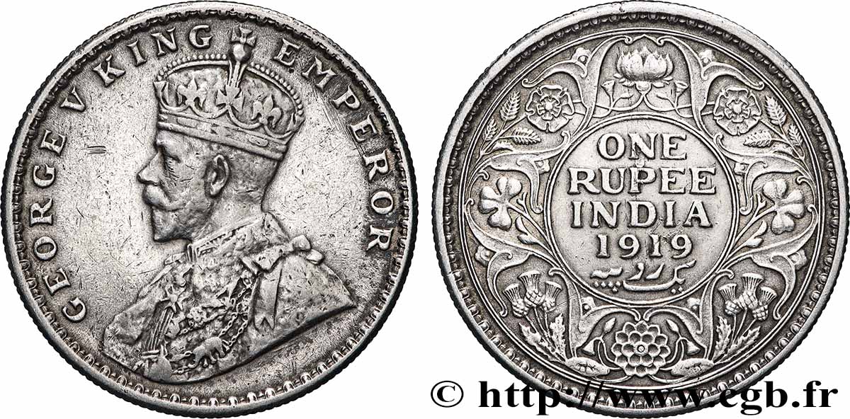 BRITISH INDIA 1 Rupee (Roupie) Georges V 1919 Bombay AU 