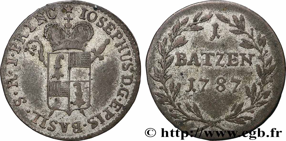 SCHWEIZ - FÜRSBISTUM BASEL 1 Batzen Joseph Sigisond von Roggenbach 1787  SS 