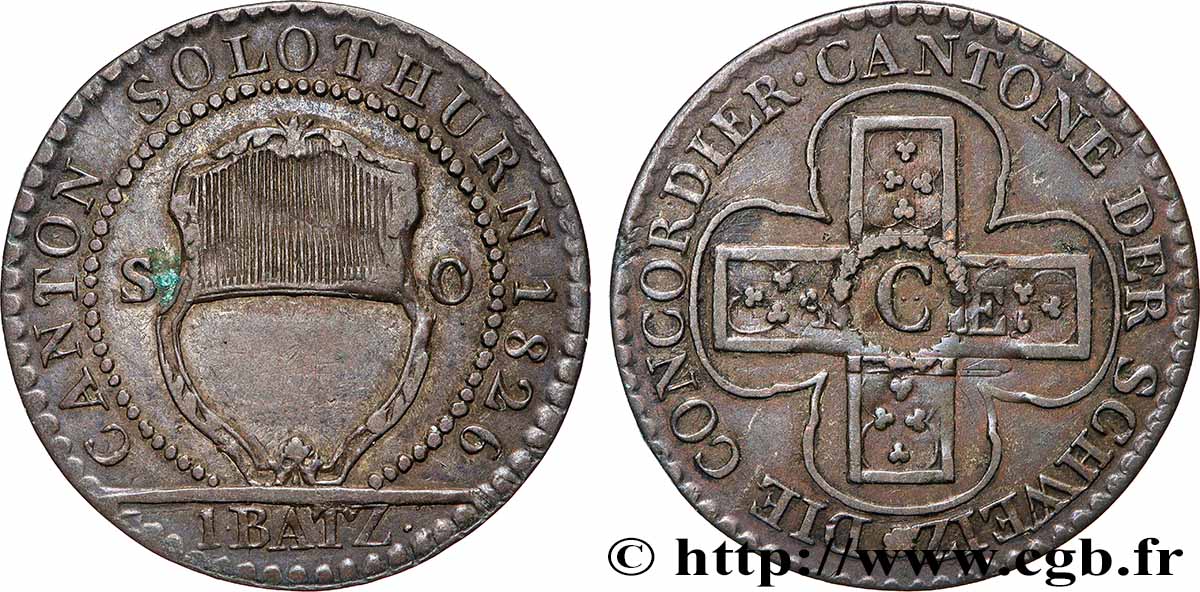 SUISSE - CONFÉDÉRATION HELVÉTIQUE - CANTON DE SOLEURE 1 Batzen 1826 Soleure TTB 