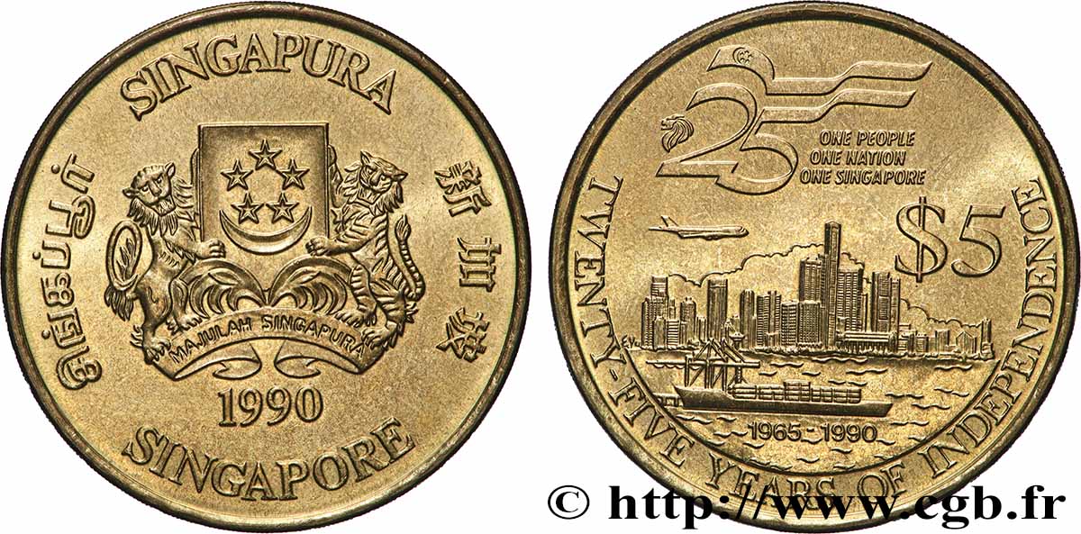 SINGAPORE 5 Dollars 25 ans de l’indépendance 1990  MS 