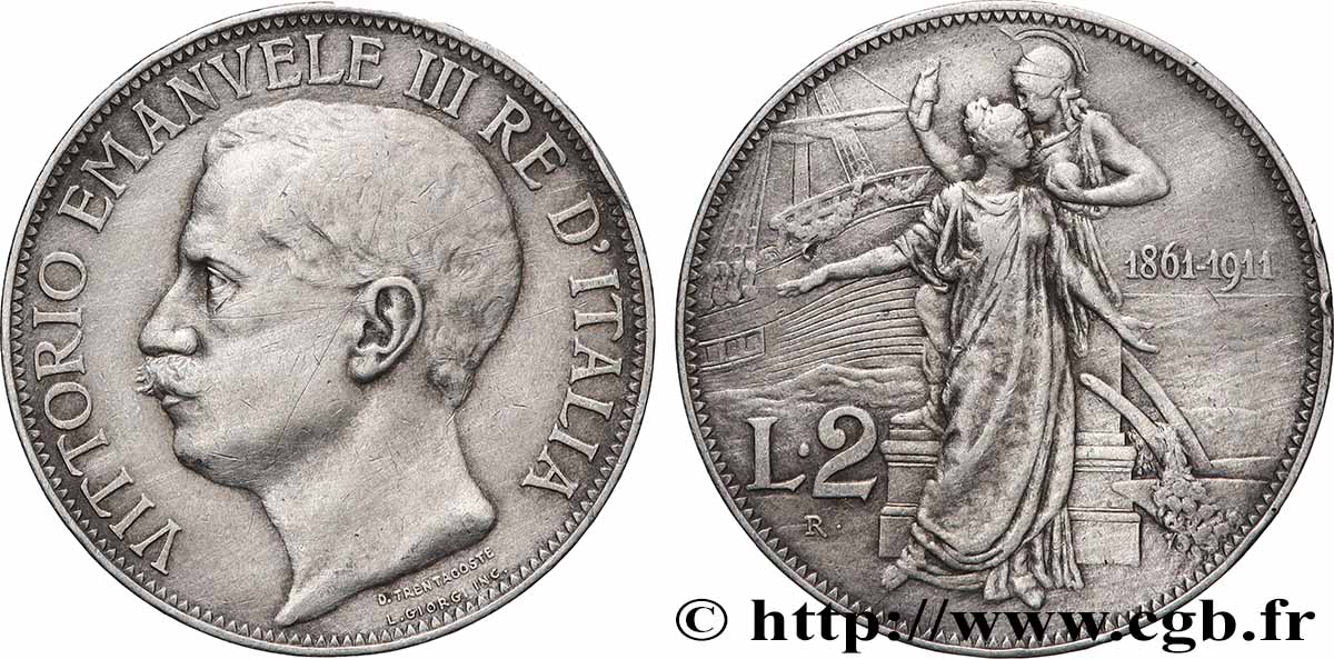 ITALIE 2 Lire Victor Emmanuel III - Cinquantenaire de la proclamation du Royaume d’Italie 1911 Rome TTB 