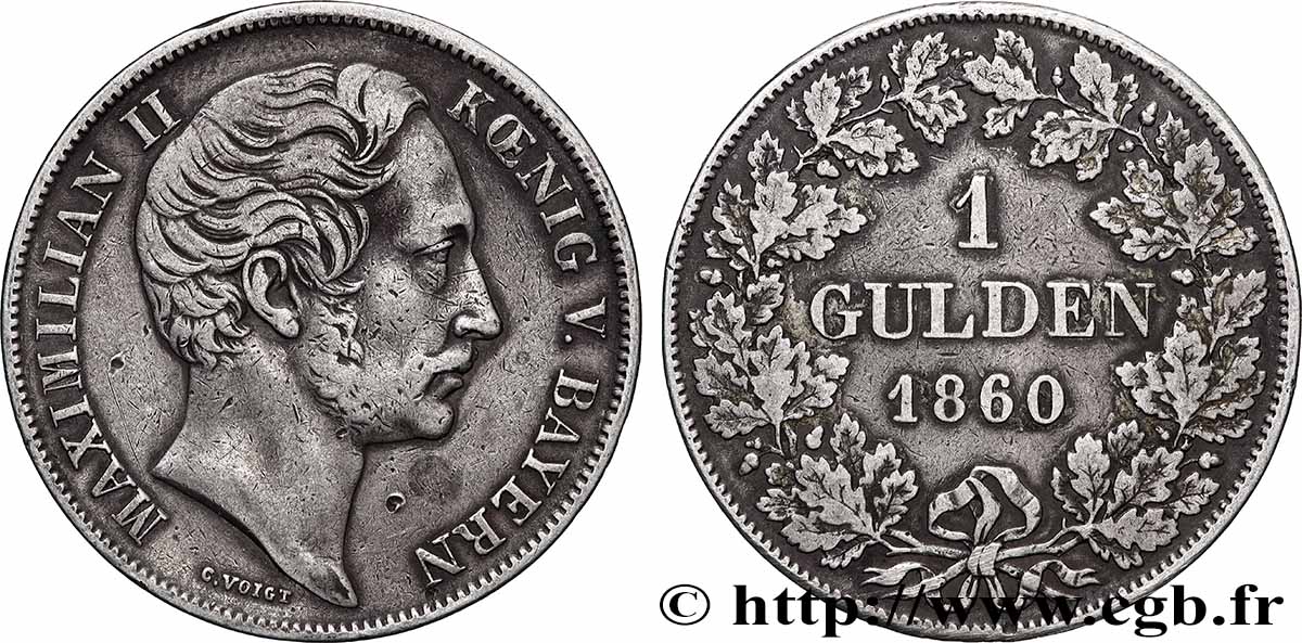 ALLEMAGNE - ROYAUME DE BAVIÈRE - MAXIMILIEN II JOSEPH 1 Gulden  1860  SS 