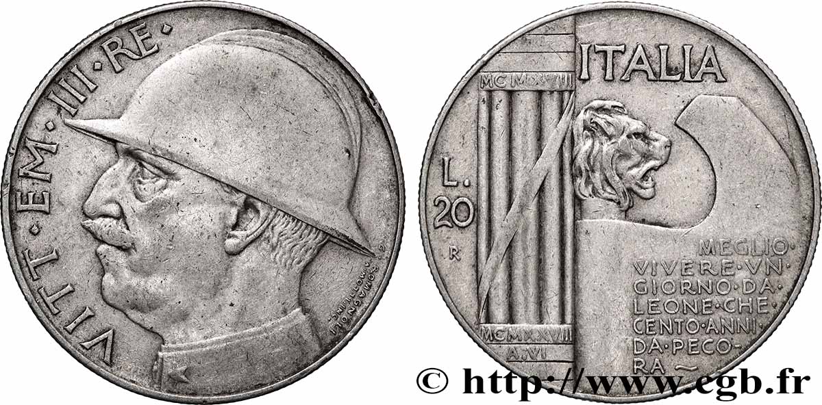 ITALIE - ROYAUME D&nbsp;ITALIE - VICTOR-EMMANUEL III 20 Lire, 10e anniversaire de la fin de la Première Guerre mondiale 1928 Rome TTB 