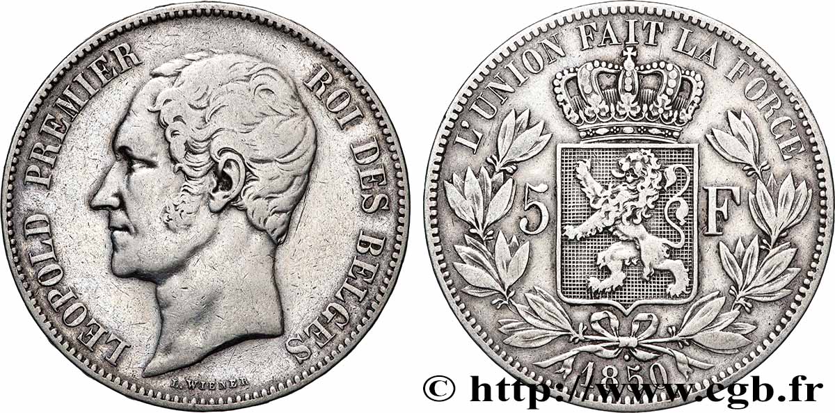 BELGIQUE 5 Francs Léopold Ier 1850  TTB 
