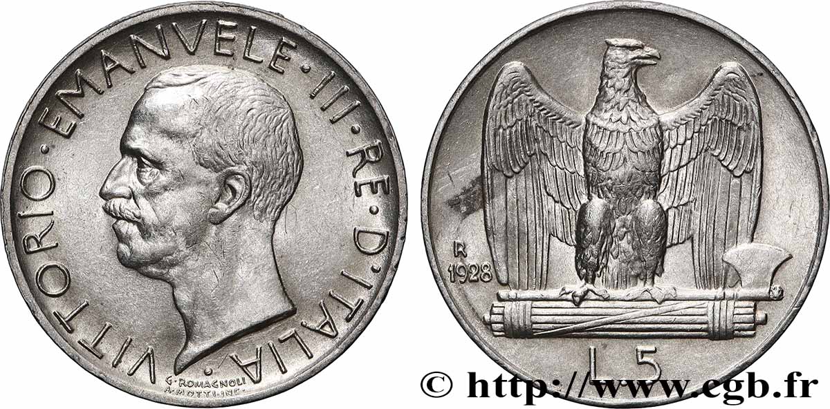 ITALY 5 Lire Victor Emmanuel III 1928 Rome  AU 