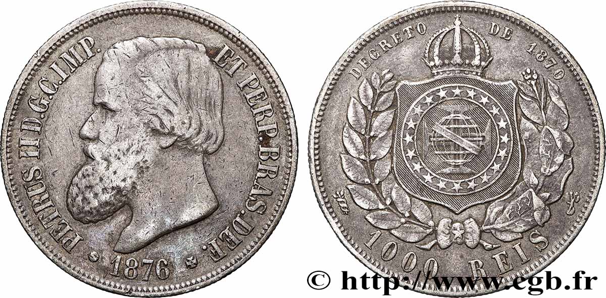 BRÉSIL - EMPIRE DU BRÉSIL - PIERRE II 1000 Reis  1876  SS 