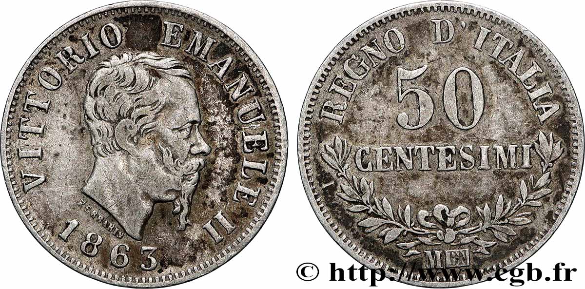 ITALIA 50 Centesimi Victor Emmanuel II 1863 Milan MBC 