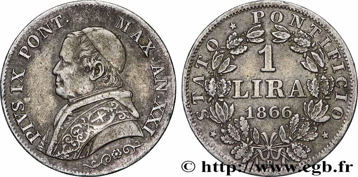 VATIKANSTAAT UND KIRCHENSTAAT 1 Lira Pie IX type petit buste an XXI 1866 Rome SS 