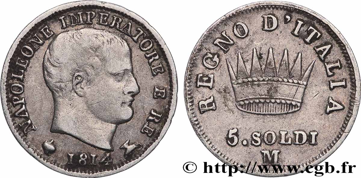 ITALIA - REINO DE ITALIA - NAPOLEóNE I 5 Soldi 1814 Milan MBC 