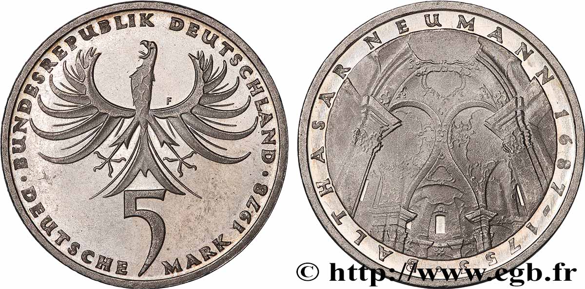 GERMANY 5 Mark Proof l’architecte baroque Balthazar Neumann 1978 Stuttgart MS 