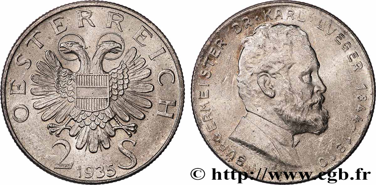 AUTRICHE 2 Schilling 25e anniversaire de la mort du Dr Karl Lueger, ancien maire de Vienne 1935  TTB+ 