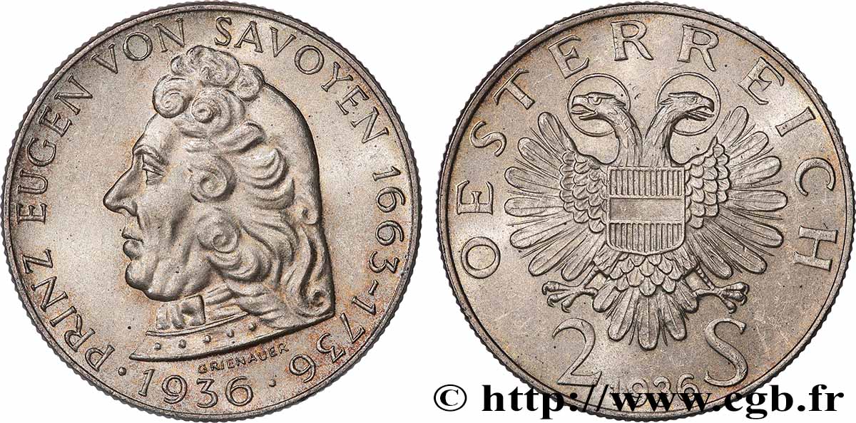 ÖSTERREICH 2 Schilling 200e anniversaire de la mort du Prince Eugène de Savoie 1936  VZ 