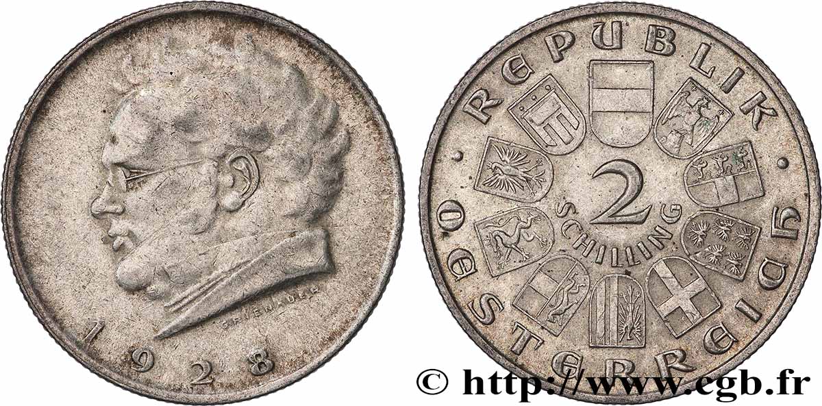 AUTRICHE 2 Schilling Centenaire mort de Franz Schubert 1928 Vienne TTB+ 