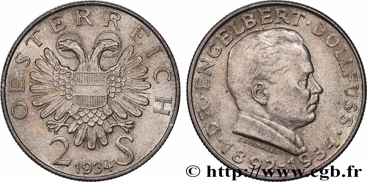 AUSTRIA 2 Schilling mort du Dr Engelbert Dollfuss, Chancelier de 1932 à 1934 1934  AU 