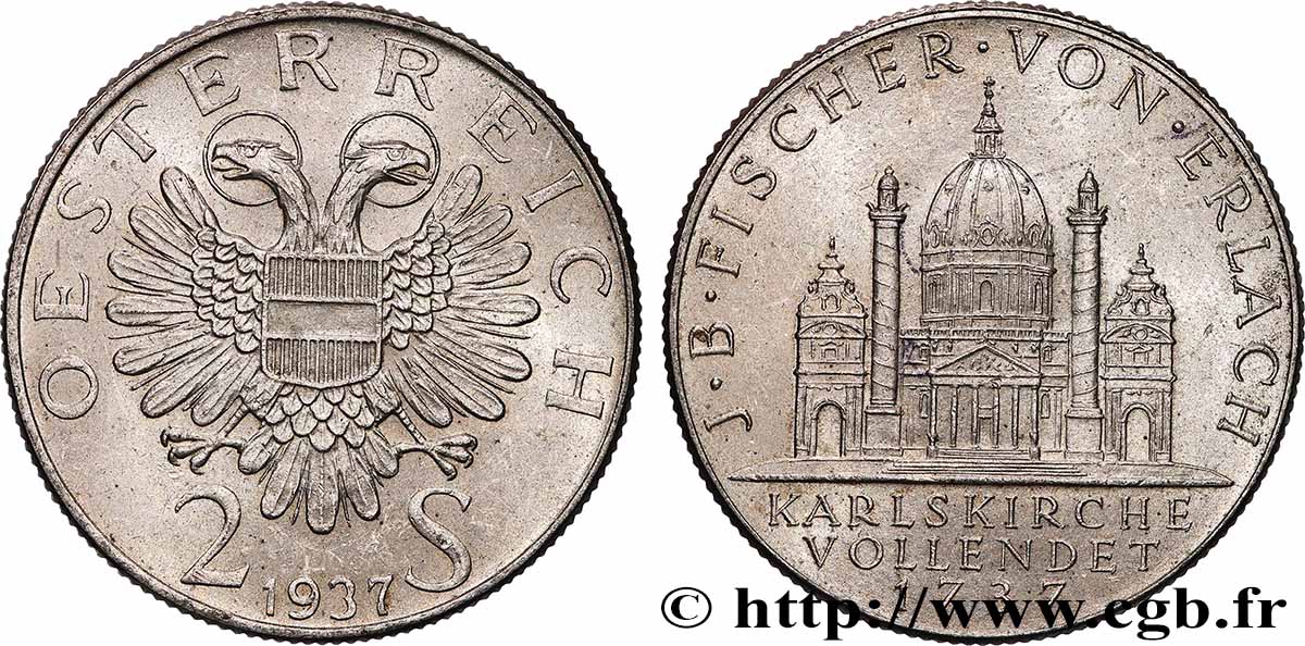 AUSTRIA 2 Schilling 200e anniversaire de l’achèvement de l’église St Charles 1937  q.SPL 