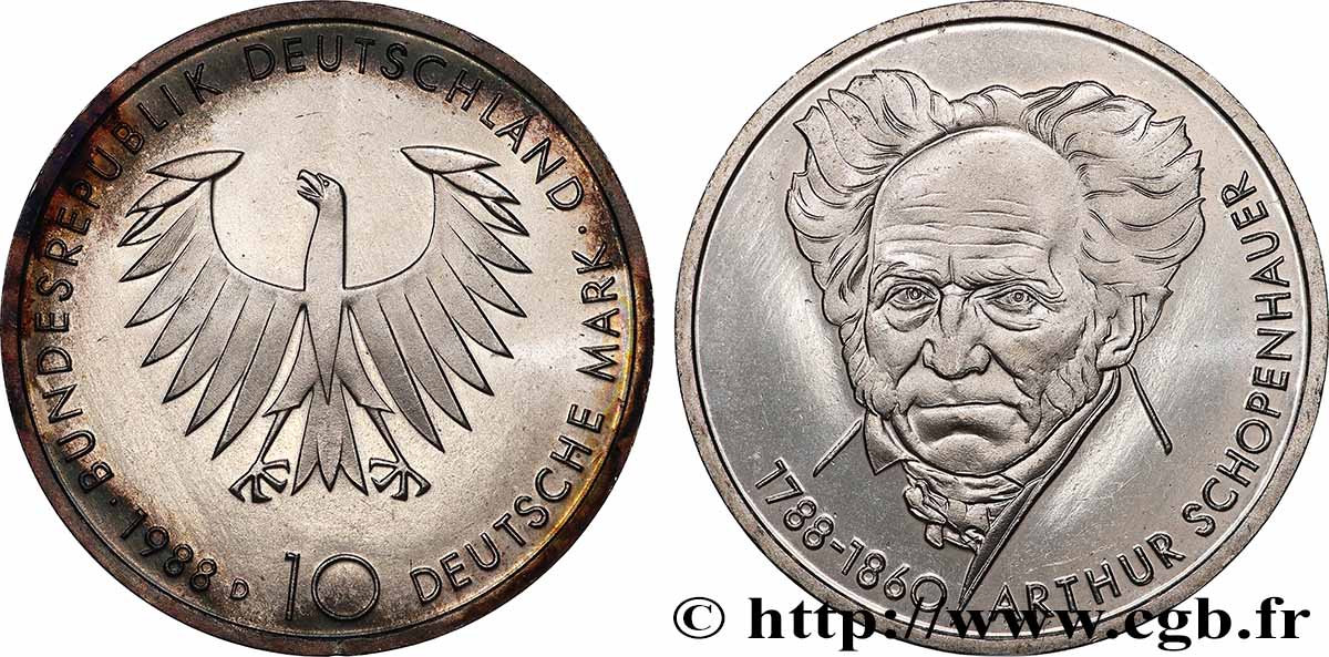 ALLEMAGNE 10 Mark Proof Schopenhauer 1988 Munich SPL 